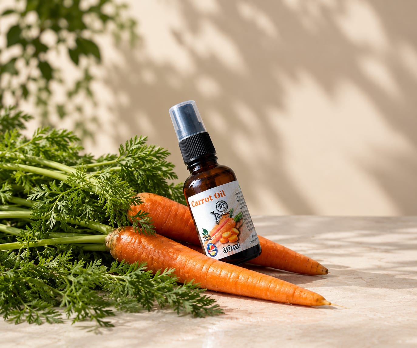 Carrot oil resting on fresh carrots in afternoon light